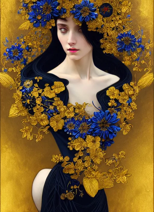 Image similar to beautiful black blue yellow, complicated gold and blue flowers in baroque style headwears, dark fantasy, intricate, elegant, highly detailed, digital painting, artstation, concept art, matte, 3 d 8 k octane rendered, sharp focus, illustration, octane rendered, art by artgerm and alphonse mucha, leesha hannigan