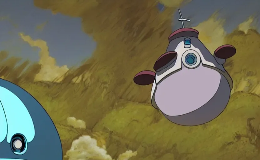 Prompt: a cell - shaded cartoon movie still from howl's moving castle ( 2 0 0 4 ) of a chrome ufo. very dull muted colors, hd, 4 k, hq