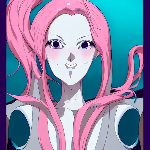 Image similar to stunningly beautiful omnipotent megalomaniacal anime goddess with porcelain skin, pink hair and mesmerizing cyan eyes, symmetrical perfect face smiling in a mischievous, devious and haughty way while looking down upon the viewer, mid view, hyperdetailed, 2 d, 8 k