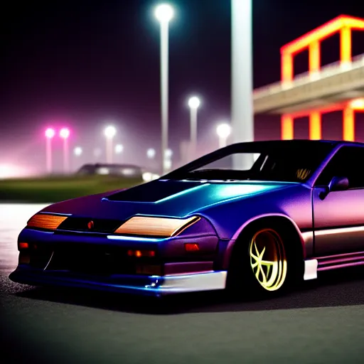 Prompt: a car 300ZX turbo drift at illegal car meet, Chiba prefecture, city midnight mist lights, cinematic lighting, photorealistic, highly detailed wheels
