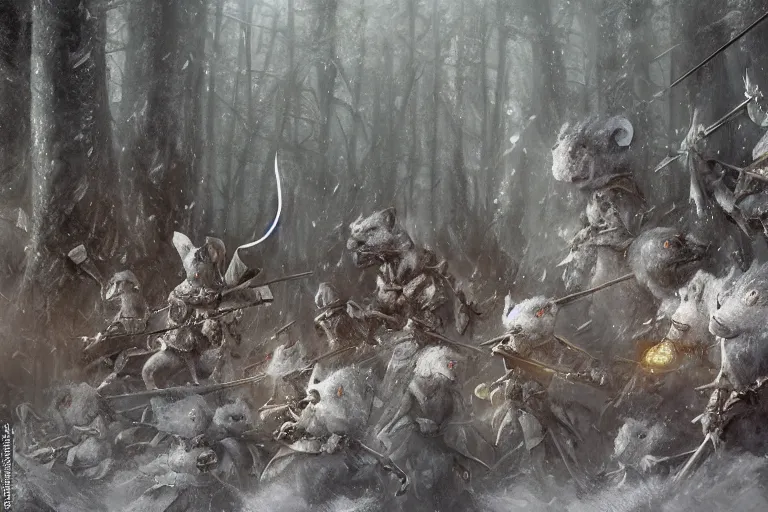 Prompt: a phalanx of ashigaru mice, brandishing halberd, in an arctic forest, cinematic concept painting by brian froud and jessica rossier