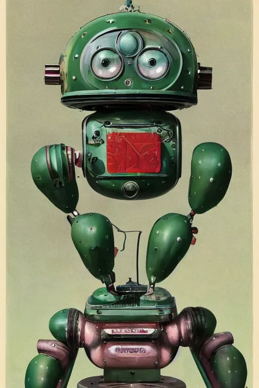 Image similar to extreme wide shot of a 1950s retro Cactus robot, with space above the head. Full Body. Bionic Arms and eyes. pop surrealism, muted colours. by Jean-Baptiste Monge, wide shot