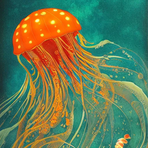 Image similar to ivan bilibin and edmund dulac and ilya kuvshinov and katsuhiro otomo inspired print of jellyfish in a bright ocean, deep focus, fantasy, intricate, elegant, highly detailed, digital painting, concept art, sharp focus, illustration, scarlet - green and mustard - indigo and azure - orange and white color scheme