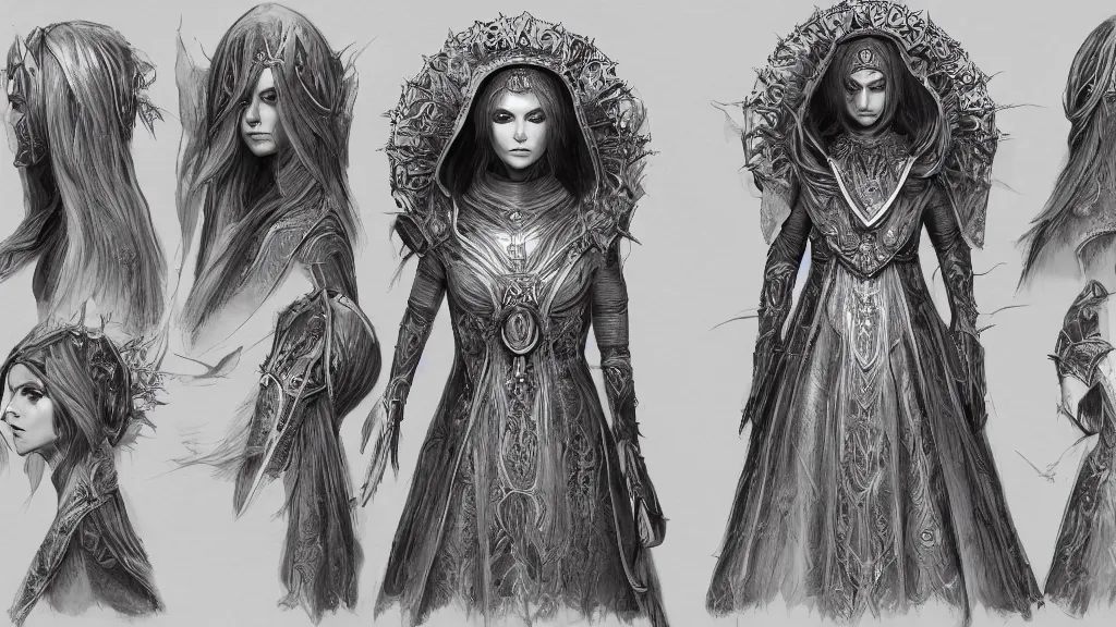 Image similar to concept art sheet, photorealistic symmetrical beautiful young female priestess with shiny hair wearing full intricate clothing, intricate, cg society, Elden Ring, darksouls, bloodborne