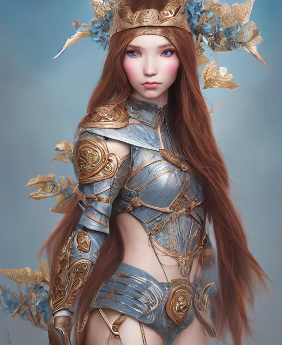 Image similar to a beautiful and highly detailed digital portrait of a dignified elf with long blue windswept hair in a rose gold breastplate by artgerm, jia ruan, and lu ji, centered, artsation contest winner, cgsociety, fantasy art, cryengine, concept art, photorealism, daz 3 d, sketchfab, zbrush, vray