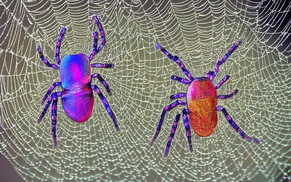 Prompt: adamantine spider spirit iridescent carapace weaving a cosmic web