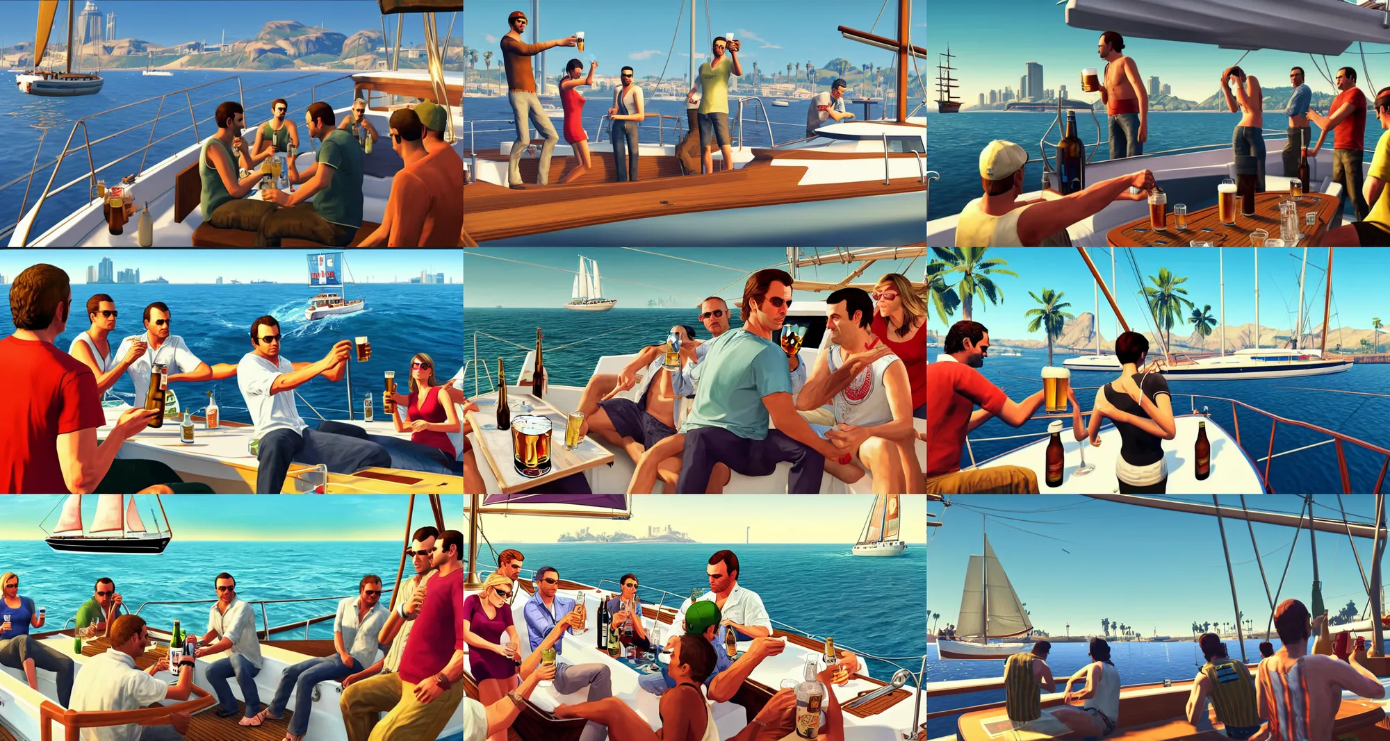 Prompt: people drinking beer on a sailboat, gta v poster