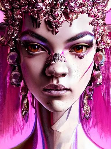 Image similar to pink portrait of beautiful female angel queen Zendaya head wearing shiny pink crown, subtle purple accents, hyper details, black metal rococo, sculpted by Alex Alice, Craig Mullins, yoji shinkawa, trending on artstation, beautifully lit, Peter mohrbacher, hyper detailed, insane details, intricate, elite, elegant, luxury, ray of light through smoke, CGsociety, hypermaximalist, golden ratio, volumetric, octane render, weta digital, micro details, 3d sculpture