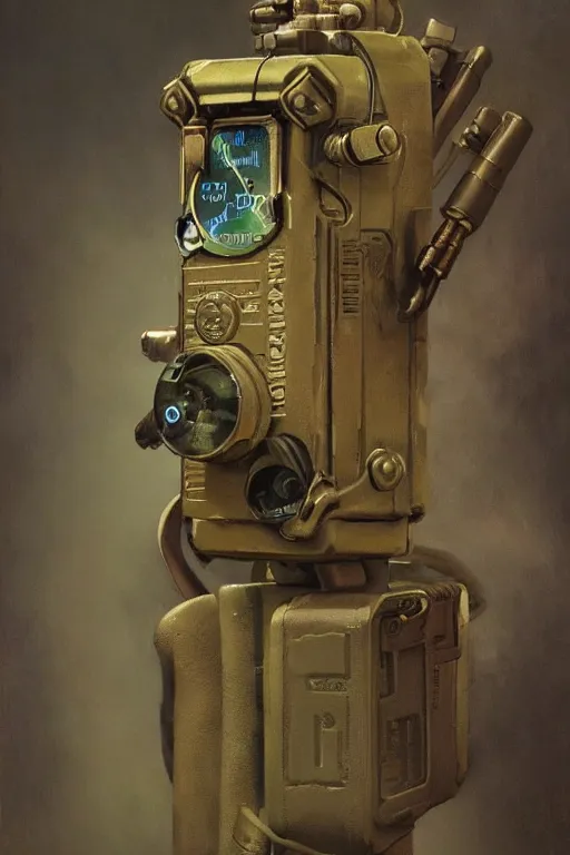 Prompt: dieselpunk military portable pocket walkie - talkie, radio device, product lighting, painted by ruan jia, raymond swanland, lawrence alma tadema, zdzislaw beksinski, norman rockwell, jack kirby, tom lovell, alex malveda, greg staples