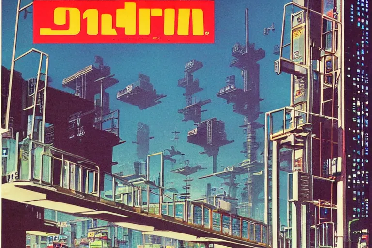 Prompt: 1979 OMNI Magazine Cover of a ladder that leads up to a overpass that goes into a subway tunnel. In the background are street level views of neo-Tokyo in cyberpunk style by Vincent Di Fate