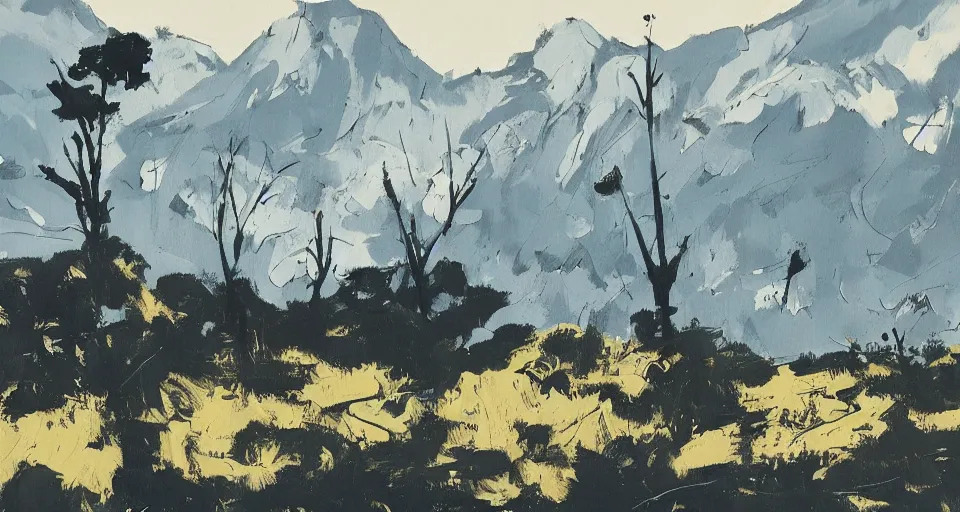 Image similar to a beautiful landscape with trees and mountains, by ashley wood