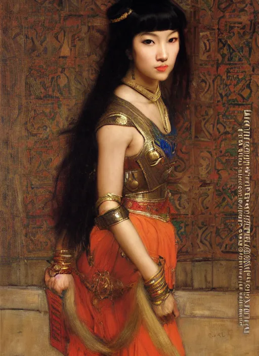 Image similar to beautifull asian queen cyborg with bangs curly Iranian orientalist portrait by john william waterhouse and Edwin Longsden Long and Theodore Ralli and Nasreddine Dinet, oil on canvas. Cinematic, hyper realism, dramatic lighting, high detail 4k