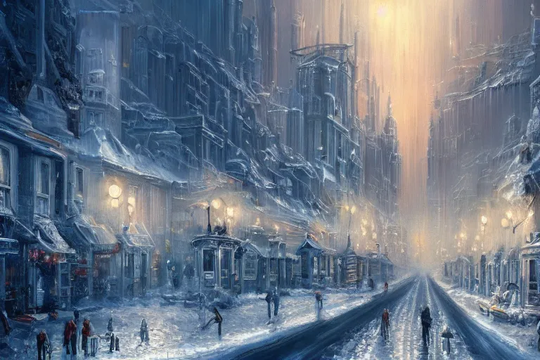 Prompt: a beautiful painting of a city in winter at dawn,jim burns trending on artstation, 4k