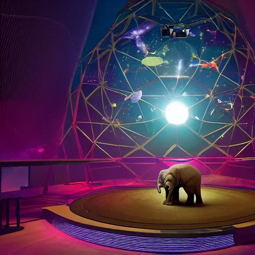 Image similar to a hyperrealistic 3D octane render of an elephant wearing virtual reality goggles playing a synthesizer inside of a geodesic dome planetarium with planets and galaxies, trending on artstation, 8k, 4K, dramatic lighting, glowing, volumetric lighting, ray tracing, unreal engine