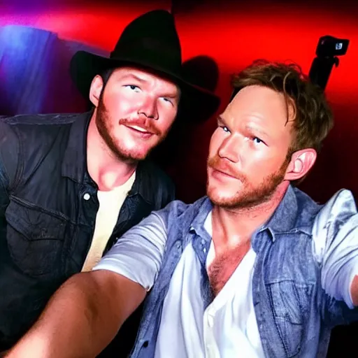 Image similar to chris pratt as indiana jones taking a selfie with harrison ford, instagram, cinematic, natural lighting, genuine smile