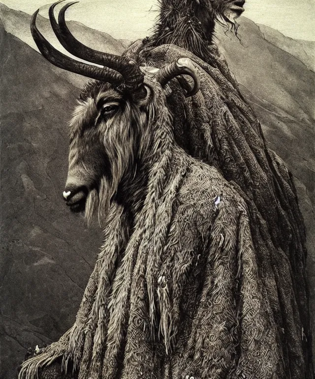 Image similar to A detailed horned antelopeman stands among the hills. Wearing a ripped mantle, robe. Extremely high details, realistic, fantasy art, solo, masterpiece, art by Zdzisław Beksiński, Arthur Rackham, Dariusz Zawadzki