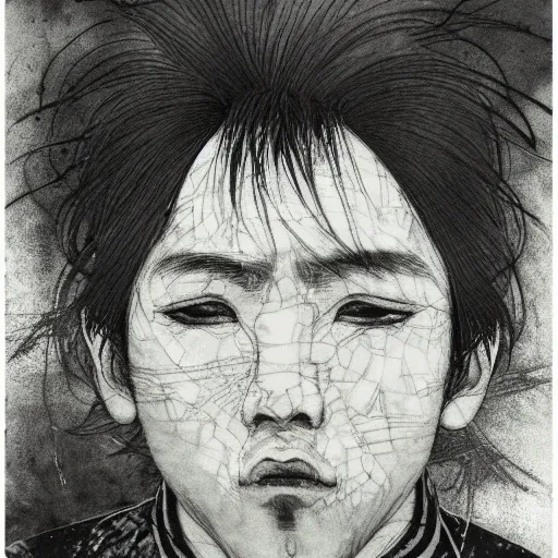 Prompt: Yoshitaka Amano blurred and dreamy illustration of a man with black short hair fluttering in the wind and cracks on his face, abstract black and white patterns on the background, noisy film grain effect, highly detailed, Renaissance oil painting, weird portrait angle