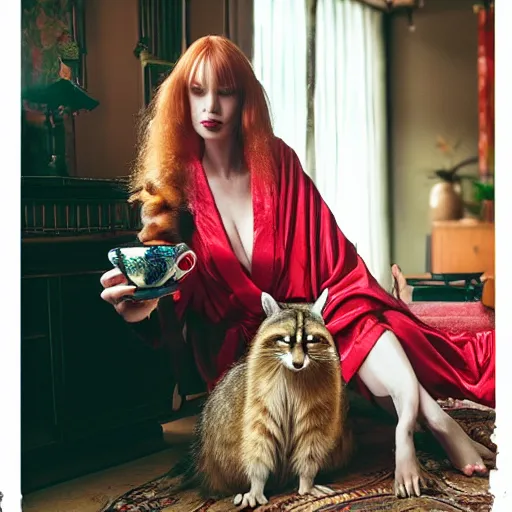 Image similar to a stunning hyper-detailed photo of a slender beautiful woman with straight long ginger hair and bangs, wearing a luxurious silk robe, wearing headphones and posing with her large ginger tabby cat and raccoon and parrots in a red overstuffed easy chair in her Victorian living room, holding a porcelain parrot-shaped coffee mug and a donut, perfect eyes, fashion photography, dramatic cinematic lighting, octane render, IBEX Masters, unreal engine, 85 mm lens, paisley wallpaper