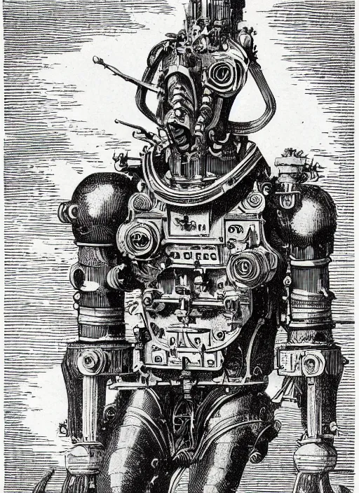 Image similar to 19th century wood-engraving of a steam powered bipedal mech, whole page illustration from Jules Verne book, art by Édouard Riou Jules Férat and Henri de Montaut, frontal portrait, high quality, beautiful, highly detailed, removed watermarks