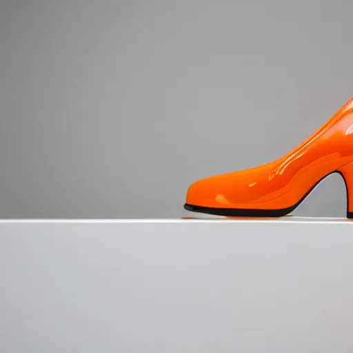 Image similar to an ultra high definition professional studio photograph, 5 0 mm f 1. 4 iso 1 0 0. the photo is set in a plain white room with a plain white plinth centrally located. the photo depicts a fashionable jelly shoe. the colour of the jelly shoe is orange.