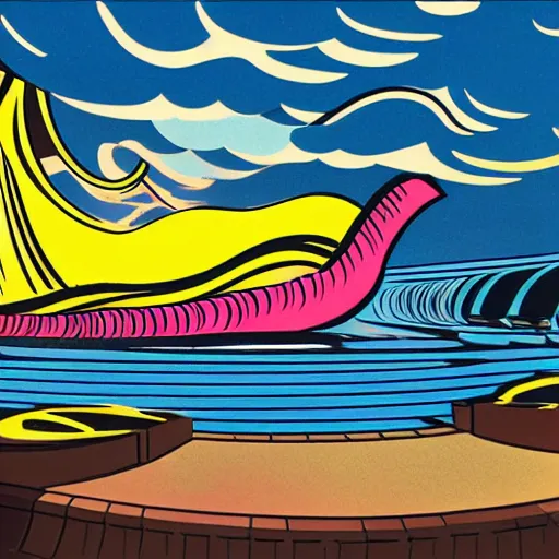 Image similar to wavy hovering reservoir tuba hotrod, by beeple and roy lichtenstein, child's drawing, chiaroscuro