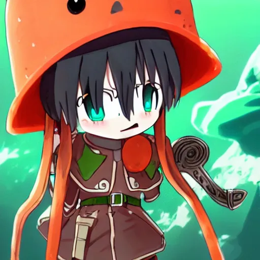 Image similar to cute android humanoid with big tomato hat and a carrot sword, made in abyss style, anime