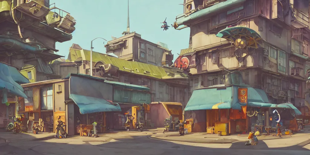 Image similar to overwatch building, stylized, exterior, architecture, in watercolor gouache detailed paintings, insanely detail, artstation, 8 k, futuristic, big medium small, arcane, simon stalenhag, food stall, interesting shapes & form, golden ratio, hard surface, props, lots of decoration and furniture, slums, street, wes anderson