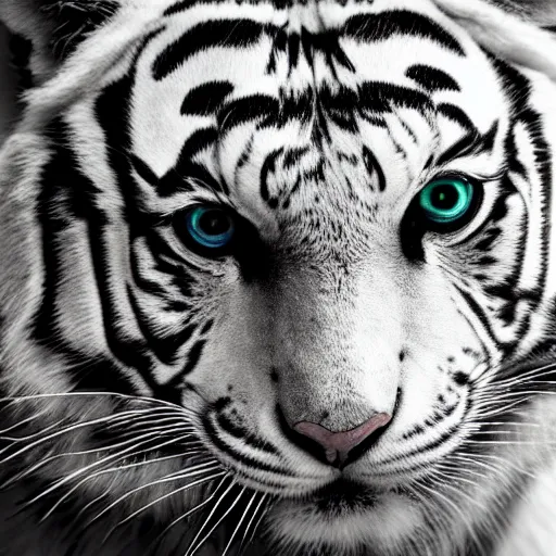 black and white tiger face with blue eyes