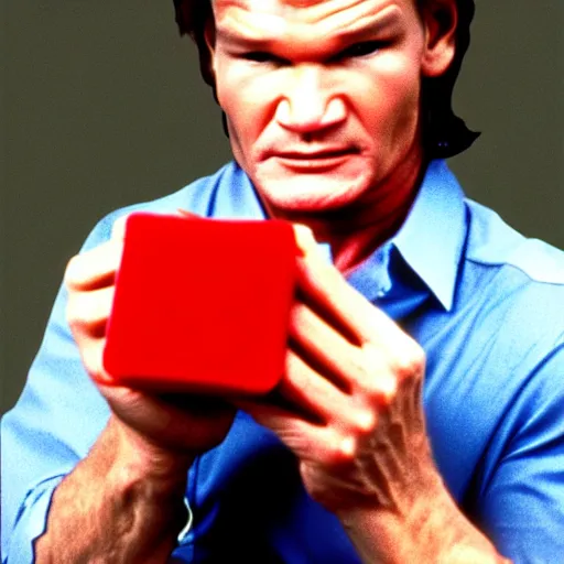 Image similar to patrick swayze eating a cola cube, photograph,