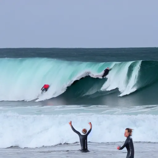 Prompt: surfers enjoying colossal waves in cornwall
