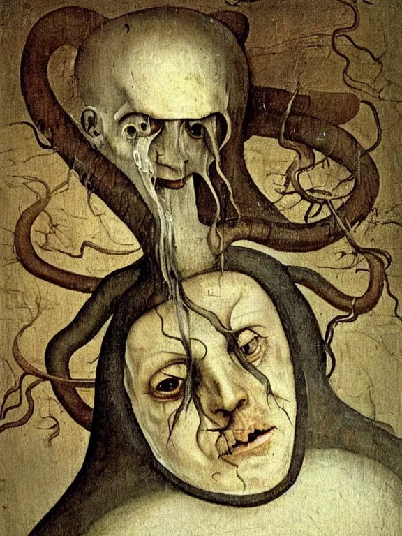 Prompt: painting by hieronymus bosch of a flying sorrowful looking human head with tears running down it's eyes, face that is chalk white in color, with long sprawling white tentacles stemming down it's neck, fiery scorching red eyes, flying in a terrying hellish dark cavernous place