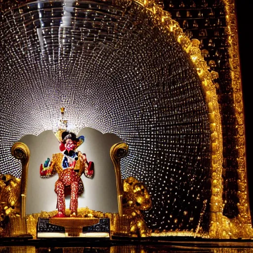 Prompt: shining throne made of millions of diamonds, gold and zaphires with thousands of light reflections, and a clown on a tuxedo suit is sitting on the throne while handing a golden balloon, dramatic light