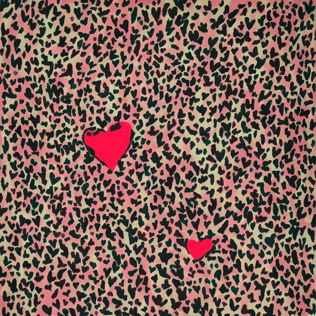 Prompt: camo made of hearts and smiling, abstract, francis bacon artwork, cryptic, dots, spots, stipple, lines, splotch, color tearing, pitch bending, faceless people, dark, ominous, eerie, hearts, minimal, points, technical, old painting, neon colors, folds