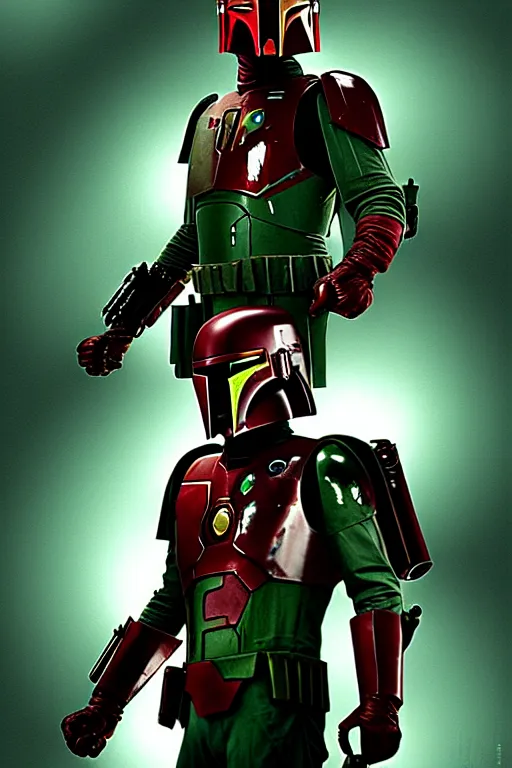 Image similar to boba fett x iron man, digital art, movie still from blade runner,