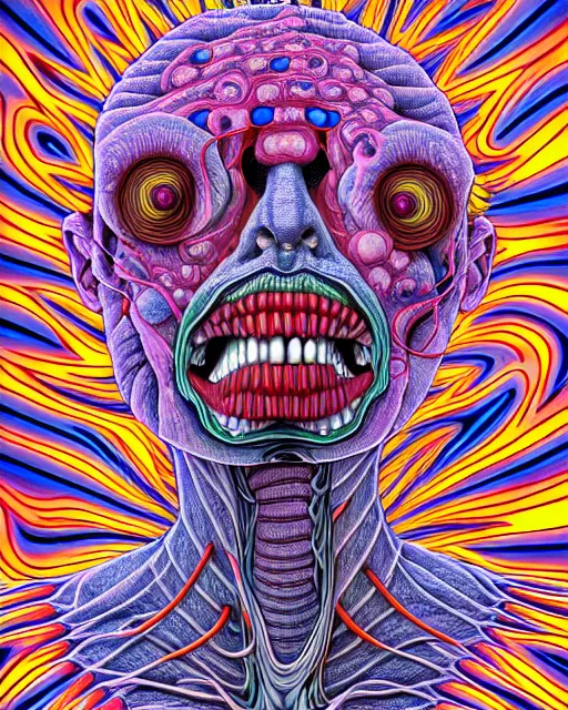 Prompt: human body breaking away, conjuring psychedelic illustration, part by shintaro kago, part by alex gray, ultra realistic, highly detailed, 8 k, trending on artstation, symmetry, grotesque, vibrant