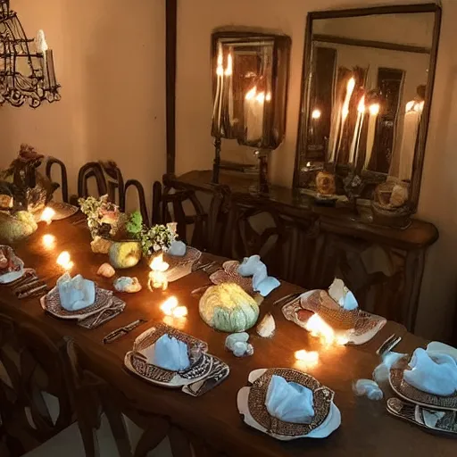 Image similar to tardigrade!!! dining room in a dark mansion, realistic, highly detailed, rests of food, candle lighting