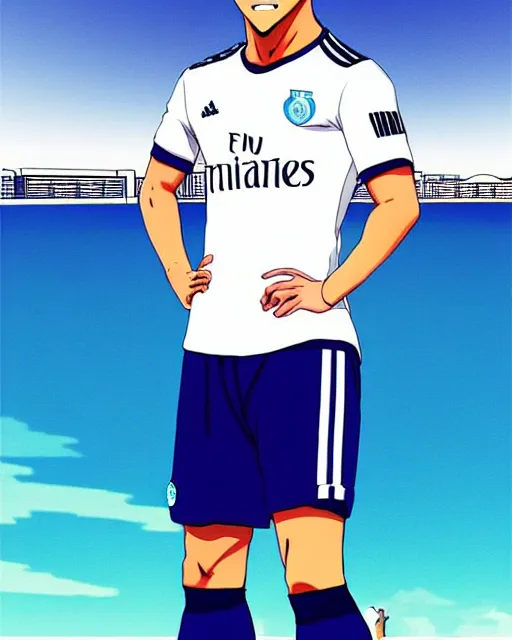 Prompt: portrait Anime Alexis Sanchez; white football shirt, Marseille beach in background || anime, manga cute-fine-face, pretty face, realistic shaded Perfect face, fine details. Anime. realistic shaded lighting by Katsuhiro, Otomo