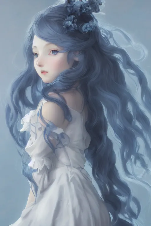 Image similar to a character design of young black lolita dressed girl, grey and blue theme, wavy white long hair by krenz cushart and mucha and akihito yoshida and greg rutkowski, detailed eyes, 4 k resolution