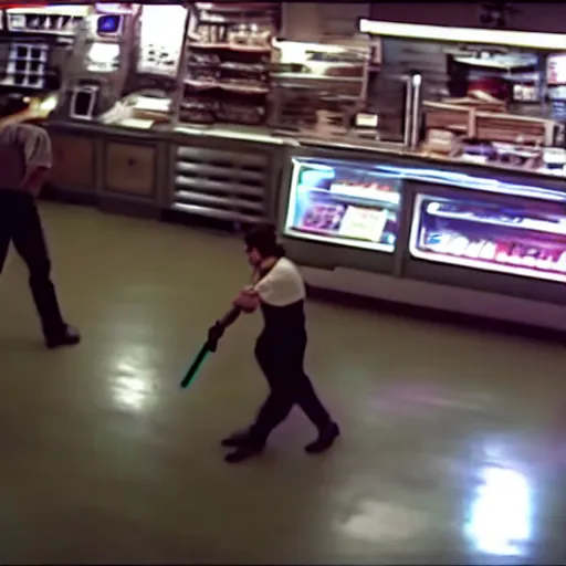 Image similar to cctv footage of a lightsaber fight inside a deli, security cam footage