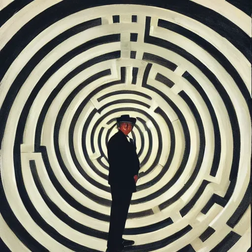 Prompt: A suited man in a hat, standing in the middle of a giant circular head-shaped labyrinth maze, overhead shot, wide shot, painting, stylistic, art by Norman Rockwell