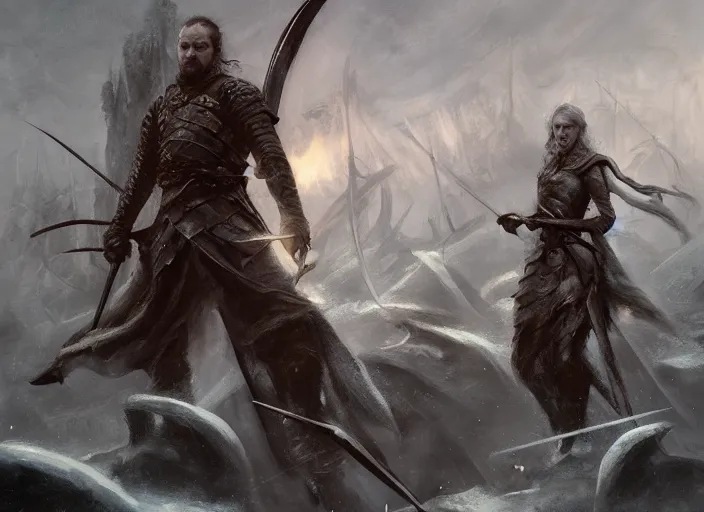 Image similar to ' the watchers moved forward together, as if some signal had been given. swords rose and fell, all in a deathly silence. it was cold butchery. the pale blades sliced through ringmail as if it were silk.'cinematic fantasy painting, dynamic, game of thrones, jessica rossier and brian froud and marc simonetti