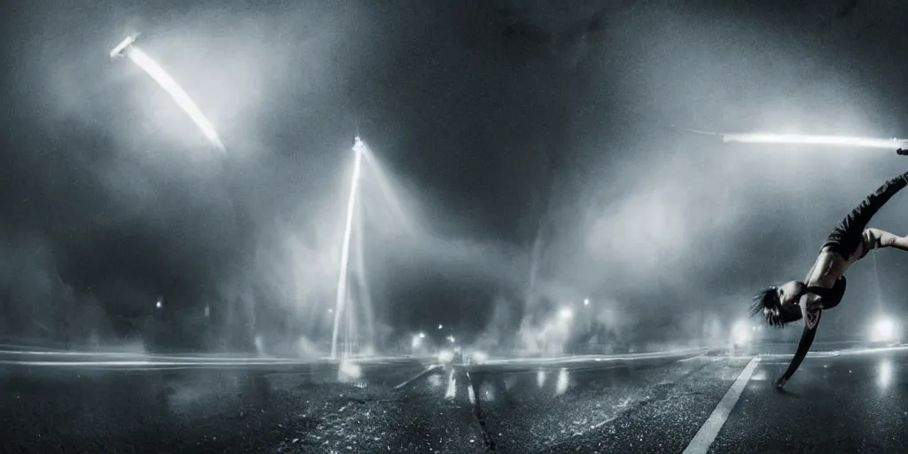 Image similar to fisheye lens slow motion with trail effect of futuristic break dancer wearing floating long dress emitting light, long exposure shot , at night in the middle of a rainy street, paddle of water, steam, fog, water splashes, rim lights, glossy reflections, water droplets on lens, octane render, dark and dramatic with lanterns, explosion in the background, detailed and soft, fisheye lens, smooth, sharp focus, illustration, art by artgerm and greg rutkowski