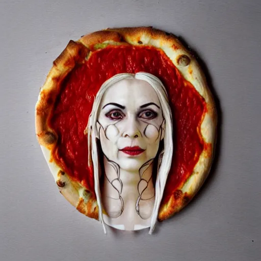 Image similar to nightmare queen of england made out of pizza, photorealistic