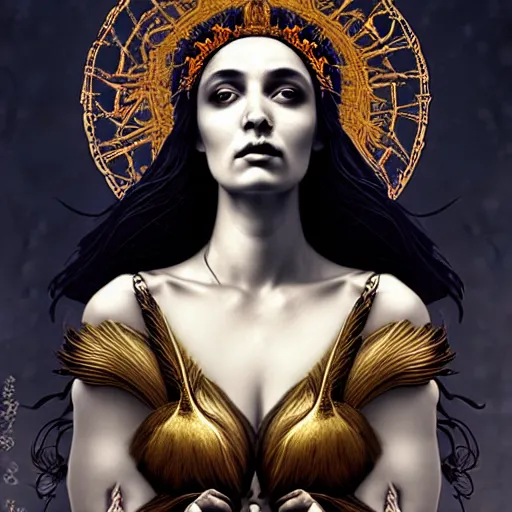 Image similar to goddess of crows, unusual beauty, emotionally evoking symbolic metaphors, head in focus, fantasy, ornamental, intricate, elegant, sensual, highly detailed digital painting, artstation, concept art, painterly, golden ratio, sharp focus, illustration, art by John Collier and Krenz Cushart and Artem Demura and and Greg Rutkowski and Alphonse Mucha and Albert Aublet