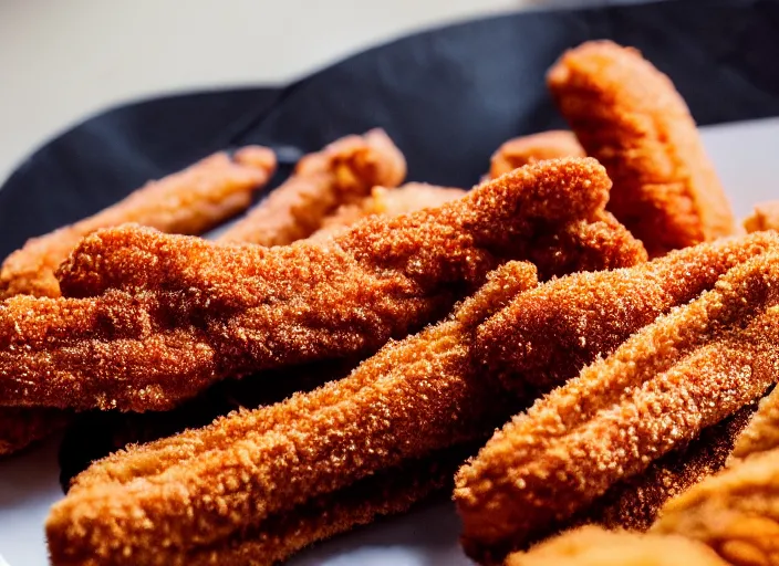 Image similar to dslr food photograph of churro chicken tenders sprinkled with cinnamon, 8 5 mm f 1. 8