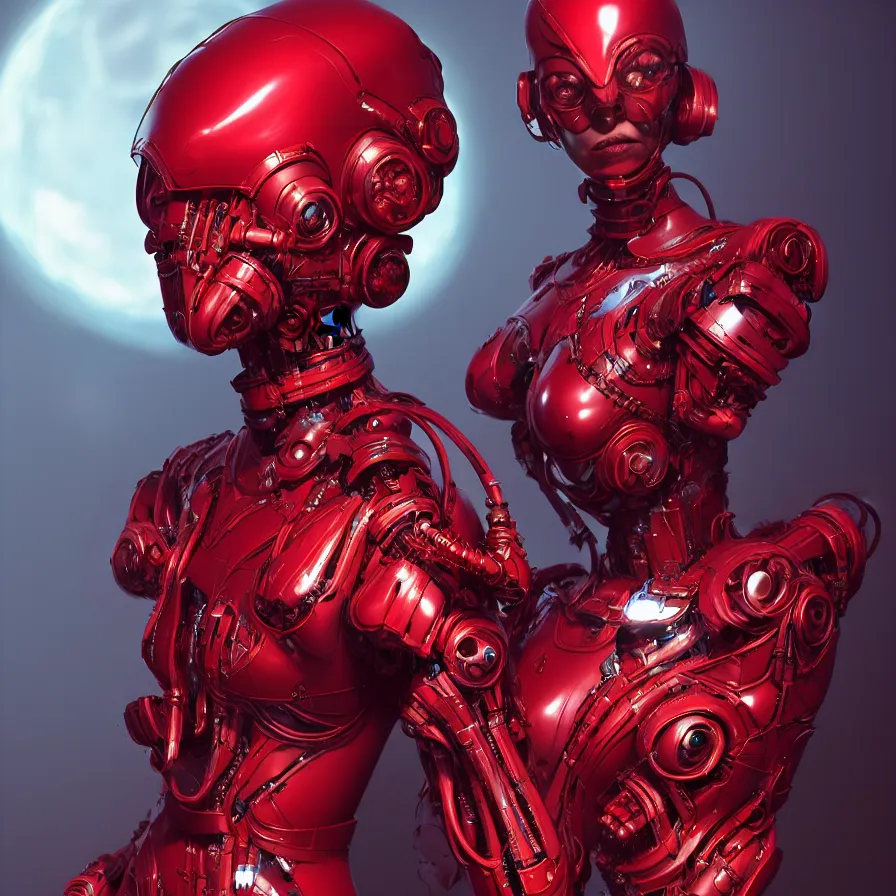 Image similar to portrait, super hero pose, red biomechanical dress, inflateble shapes, wearing epic bionic cyborg implants, masterpiece, intricate, biopunk futuristic wardrobe, highly detailed, art by akira, mike mignola, artstation, concept art, background galaxy, cyberpunk, octane render