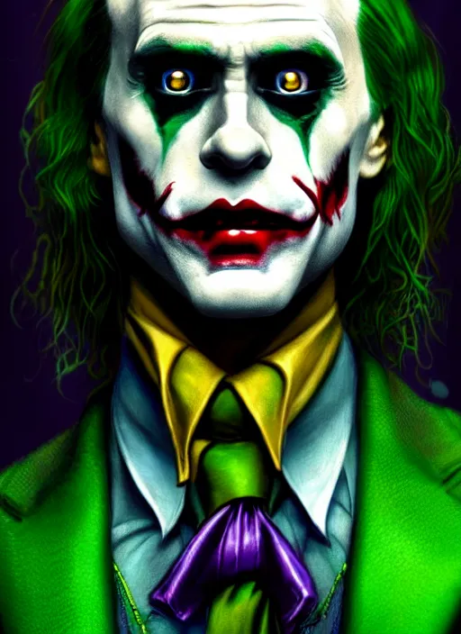 Image similar to portrait of jared leto as the joker, green hair, intricate, elegant, glowing lights, highly detailed, digital painting, artstation, concept art, sharp focus, illustration, art by wlop, mars ravelo and greg rutkowski