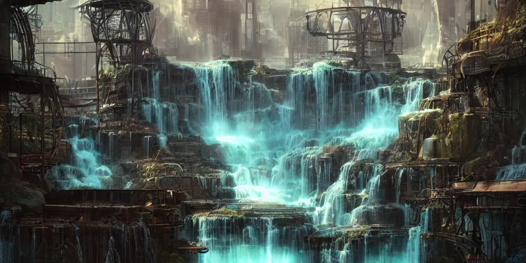 Image similar to beautiful pool waterfalls surrounded by alien robots, steel archways, industrial buildings, rusty metal towers, sun setting, ross tran, fantasy, james jean, peter morbacher, angelarium, alchemy, luxury, heavenly light, soft illumination, trending on artstation, cinematic lighting, digital painting, octane render, artgerm