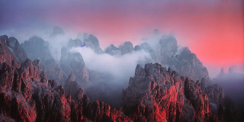 Image similar to 1 9 2 0 s color spirit photography 0 9 9 9 2 9 9 of alpine sunrise in the dolomites, red lit mountains, fog, by william hope, beautiful, dreamy, grainy