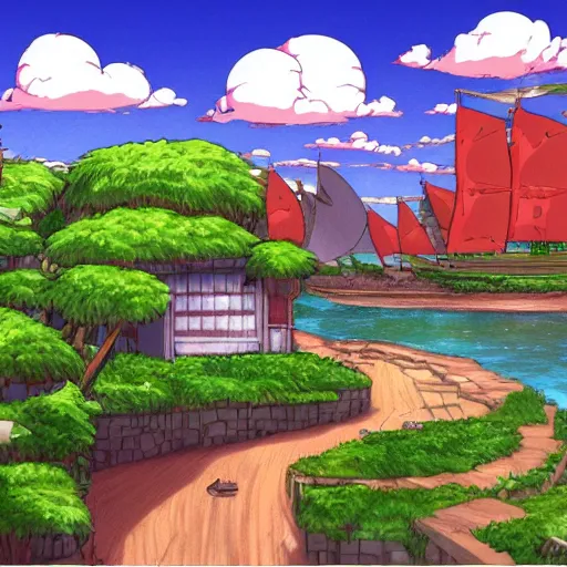 Prompt: Visual novel background of ocean side paradise city, drawn, studio ghibli, landscape